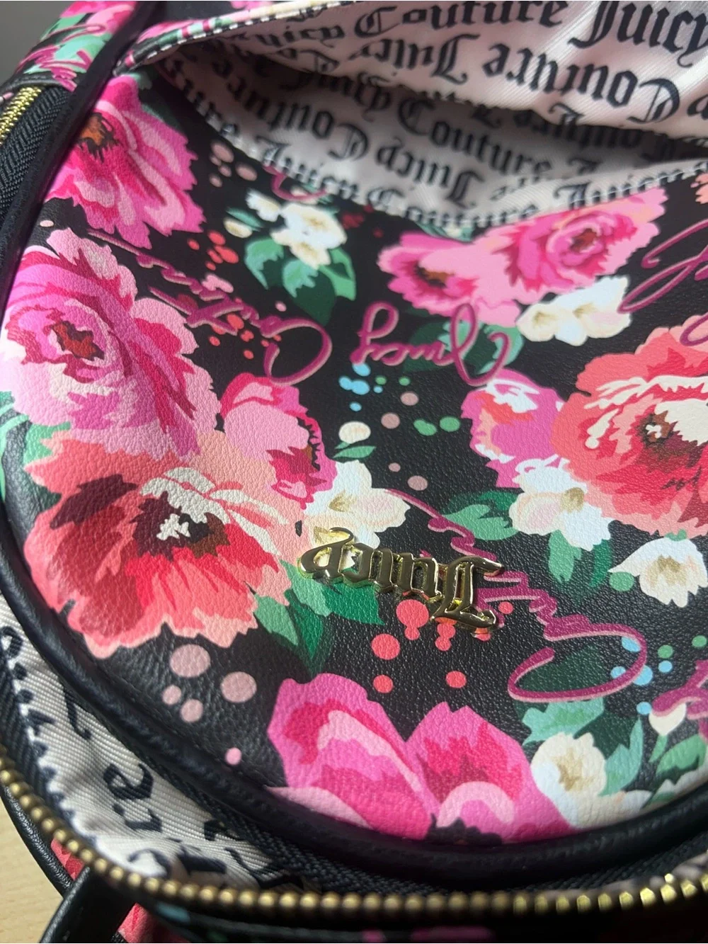 Juicy Couture Black Floral Mini Backpack with Pink Roses